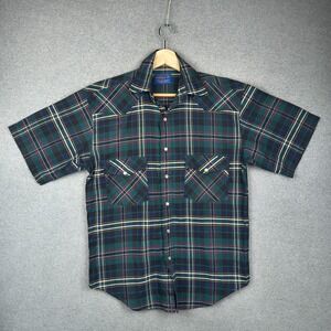 Pendleton Shirt Mens Small Green Plaid Western Button Up Short Sleeve Pearl Snap